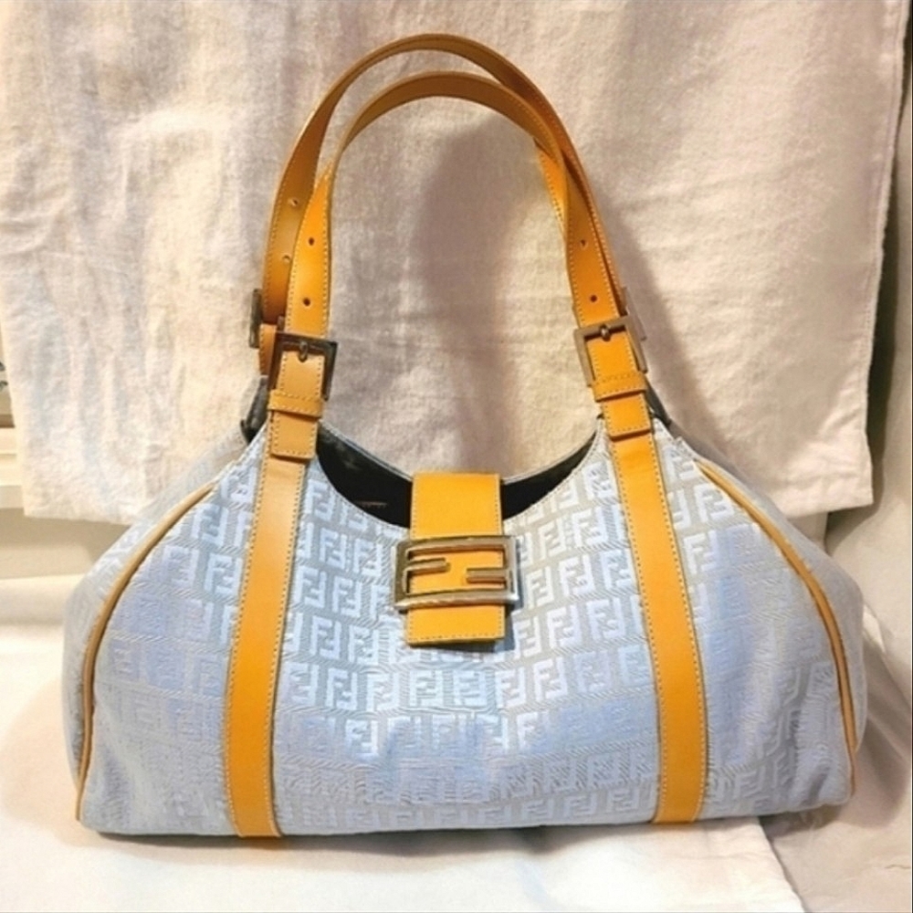 Fendi FF Monogram Blue Gray Zucchino Canvas Leather Baguette Shoulderbag Vintage - Picture 2 of 10